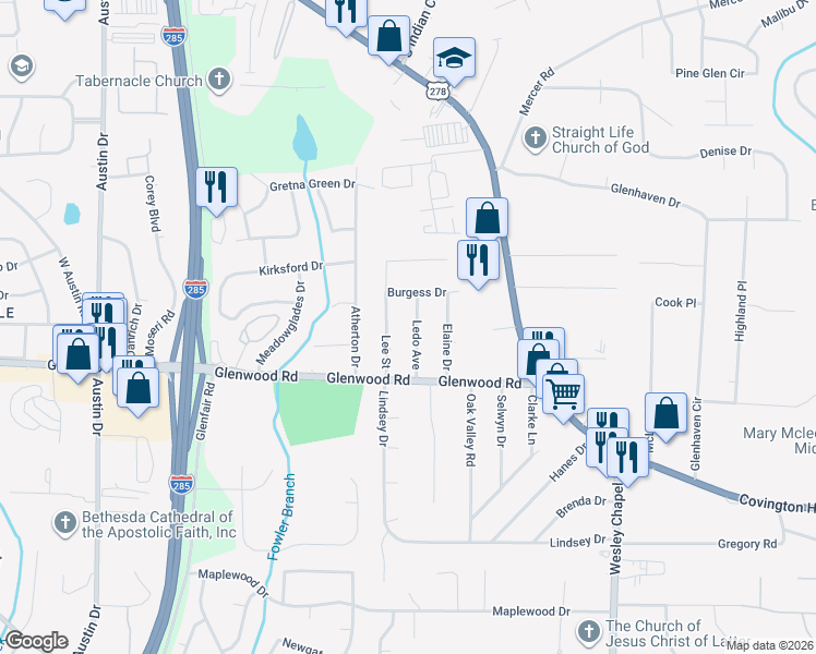 map of restaurants, bars, coffee shops, grocery stores, and more near 1807 Ledo Avenue in Decatur