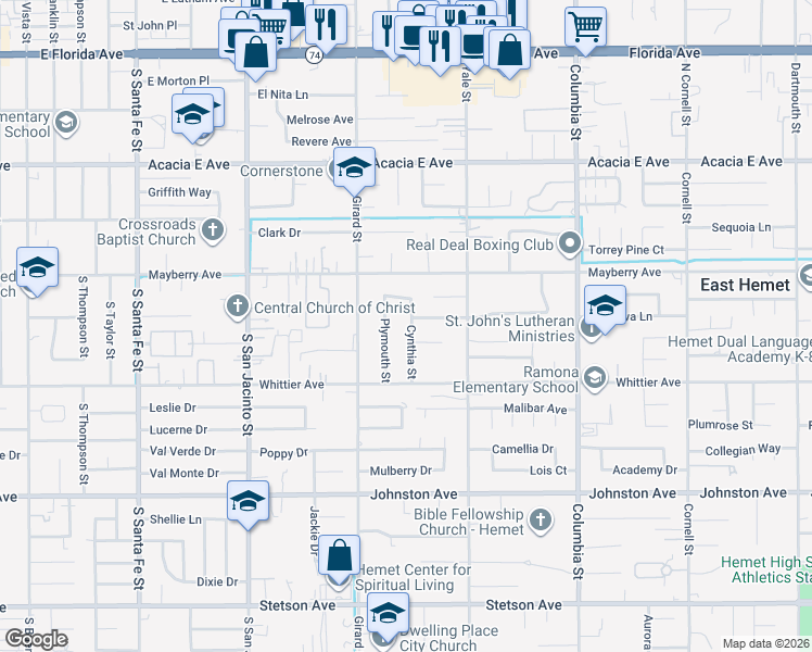 map of restaurants, bars, coffee shops, grocery stores, and more near 26371 Cynthia Street in Hemet