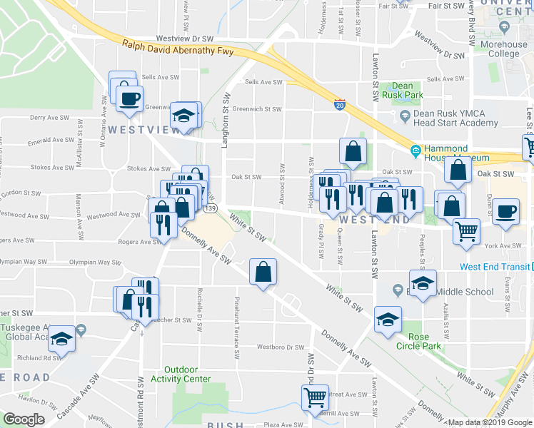 map of restaurants, bars, coffee shops, grocery stores, and more near 1286 Ralph David Abernathy Boulevard Southwest in Atlanta