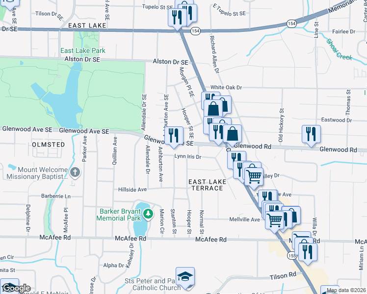 map of restaurants, bars, coffee shops, grocery stores, and more near 2921 Glenwood Avenue Southeast in Atlanta