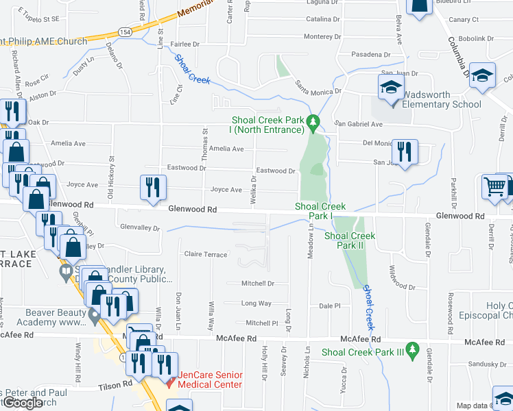 map of restaurants, bars, coffee shops, grocery stores, and more near 3516 Glenwood Road in Decatur
