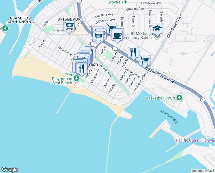 map of restaurants, bars, coffee shops, grocery stores, and more near 122 13th Street in Seal Beach