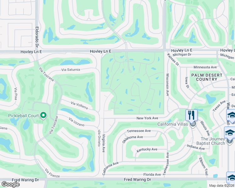map of restaurants, bars, coffee shops, grocery stores, and more near 42895 Scirocco Road in Palm Desert