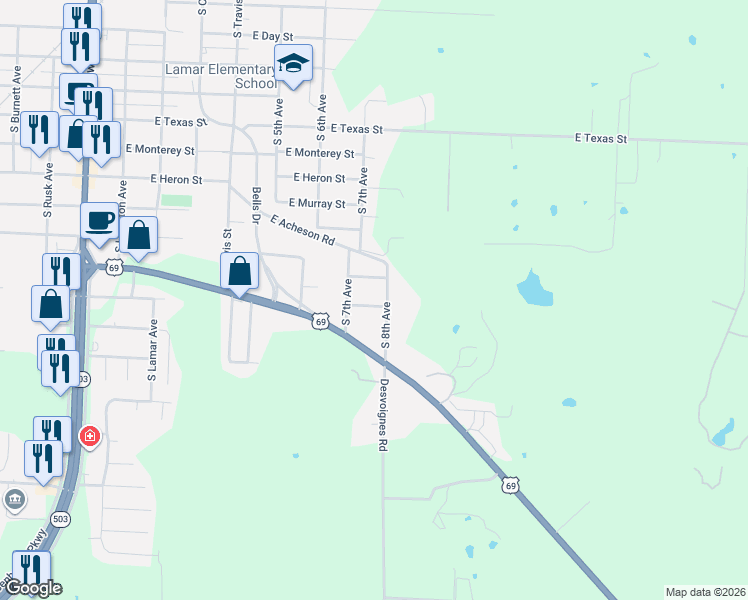 map of restaurants, bars, coffee shops, grocery stores, and more near 720 East Bullock Street in Denison