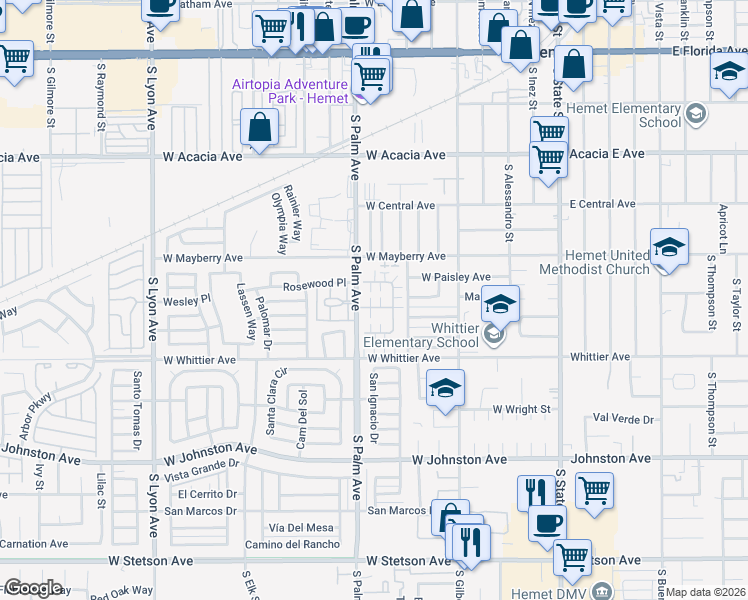 map of restaurants, bars, coffee shops, grocery stores, and more near 846 Ponderosa Drive in Hemet