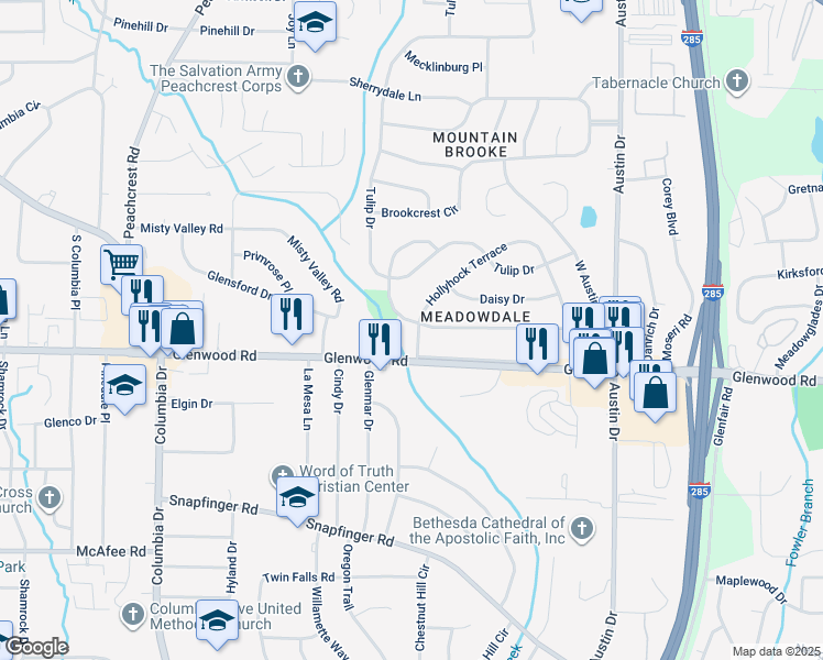 map of restaurants, bars, coffee shops, grocery stores, and more near 4316 Glenwood Parkway in Decatur