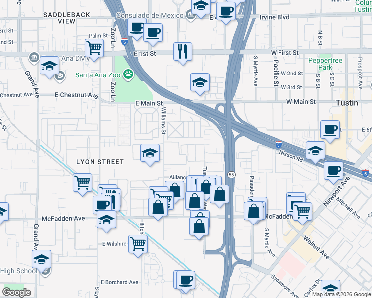 map of restaurants, bars, coffee shops, grocery stores, and more near 16586 Montego Way in Tustin