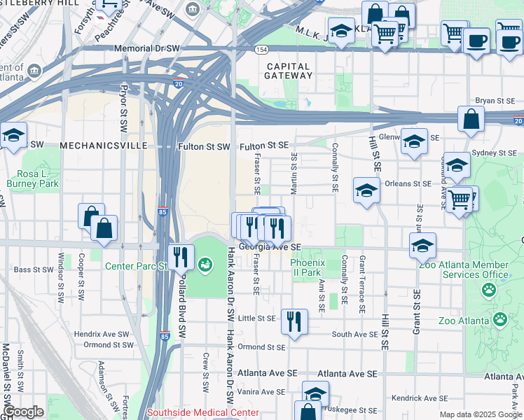 map of restaurants, bars, coffee shops, grocery stores, and more near 570 Fraser Street Southeast in Atlanta