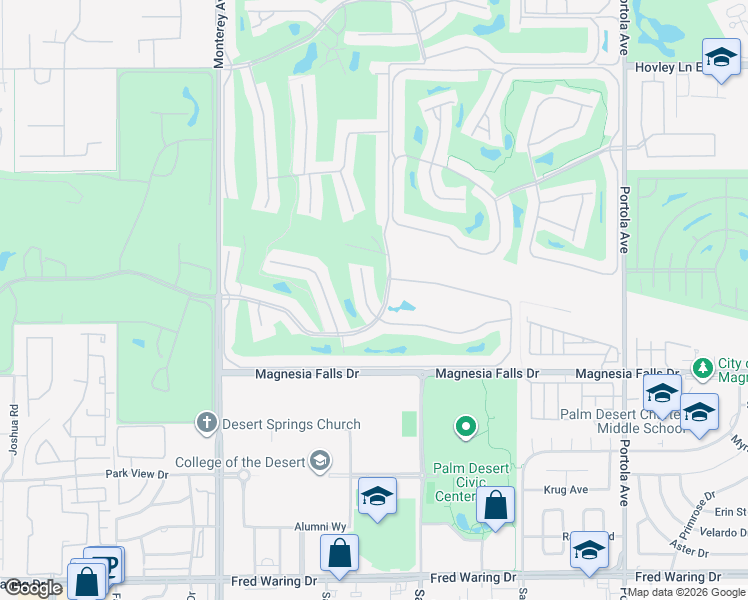 map of restaurants, bars, coffee shops, grocery stores, and more near 206 Seville Circle in Palm Desert