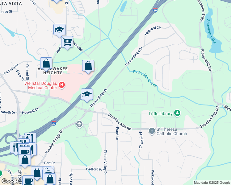 map of restaurants, bars, coffee shops, grocery stores, and more near 2460 Cotton Lane in Douglasville