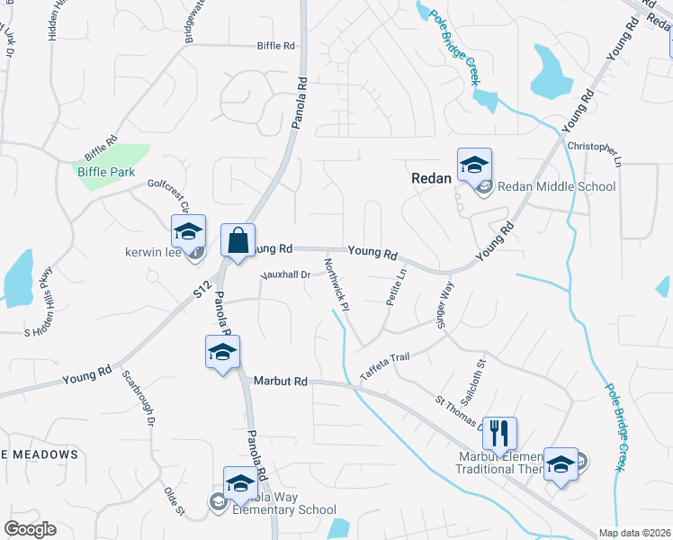 map of restaurants, bars, coffee shops, grocery stores, and more near 1774 Northwick Place in Lithonia
