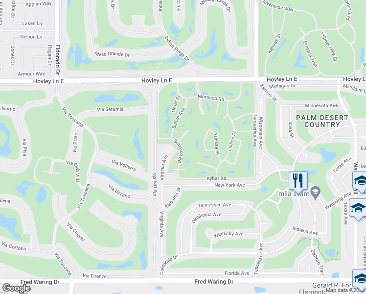 map of restaurants, bars, coffee shops, grocery stores, and more near 42872 Scirocco Road in Palm Desert