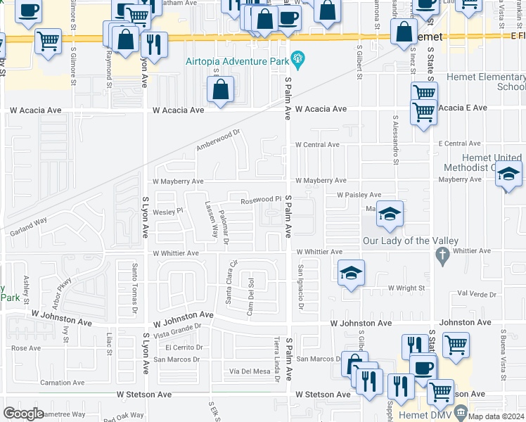map of restaurants, bars, coffee shops, grocery stores, and more near 640 Rainier Way South in Hemet