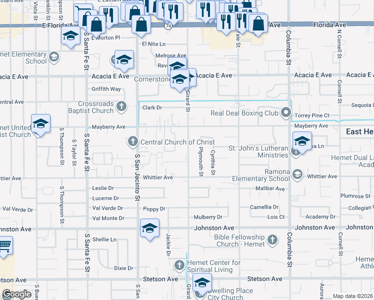 map of restaurants, bars, coffee shops, grocery stores, and more near 26355 Girard Street in Hemet