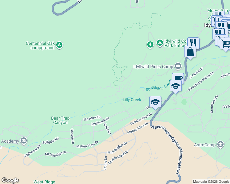 map of restaurants, bars, coffee shops, grocery stores, and more near 26305 Delano Drive in Idyllwild-Pine Cove