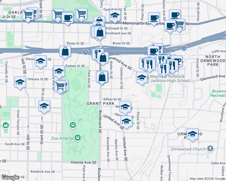 map of restaurants, bars, coffee shops, grocery stores, and more near 645 Rosalia Street Southeast in Atlanta