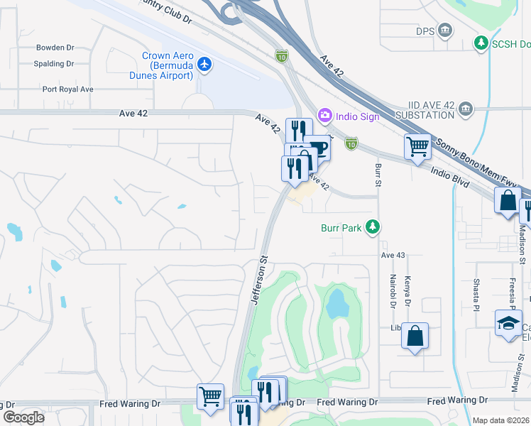map of restaurants, bars, coffee shops, grocery stores, and more near 42792 Rachel Court in Indio