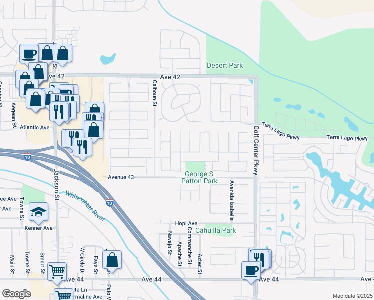 map of restaurants, bars, coffee shops, grocery stores, and more near 83680 Novilla Drive in Indio
