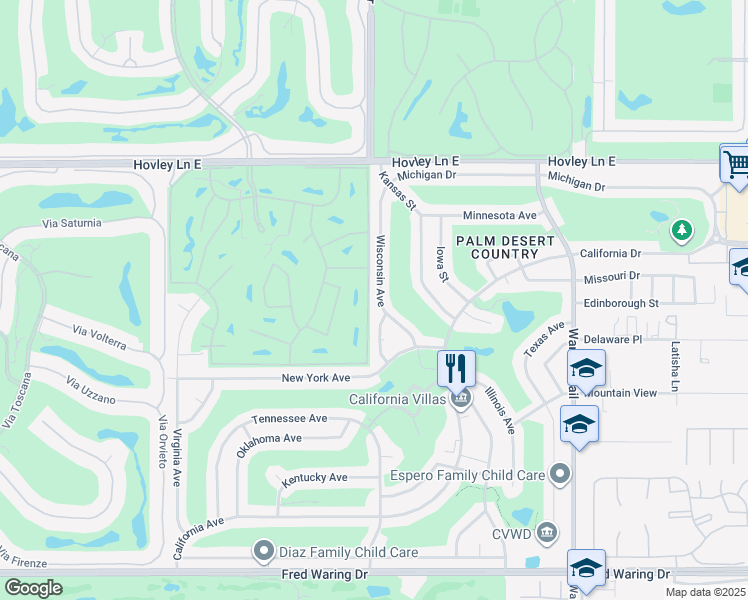 map of restaurants, bars, coffee shops, grocery stores, and more near 42845 Wisconsin Avenue in Palm Desert