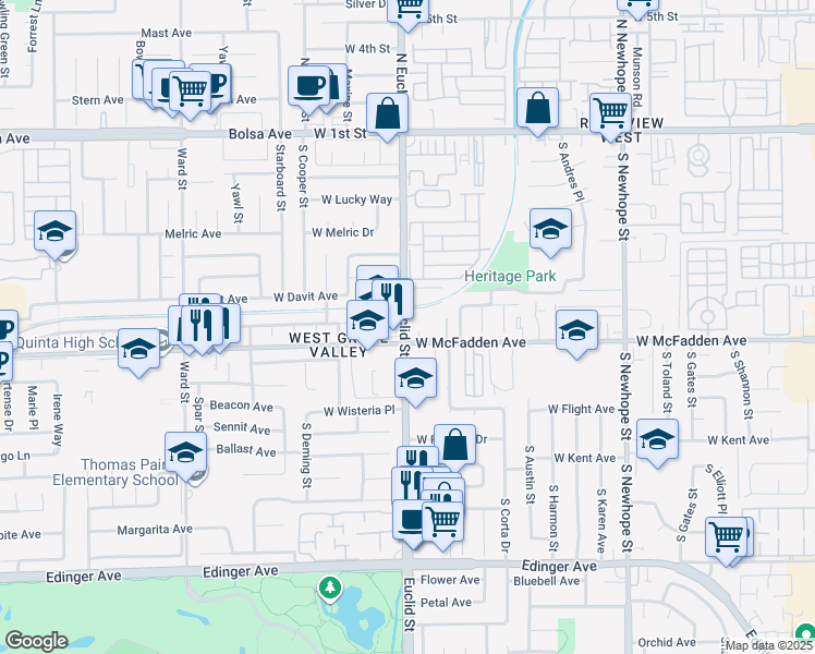 map of restaurants, bars, coffee shops, grocery stores, and more near 5313 West Keelson Avenue in Santa Ana