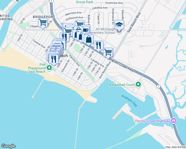 map of restaurants, bars, coffee shops, grocery stores, and more near 1711 Electric Avenue in Seal Beach