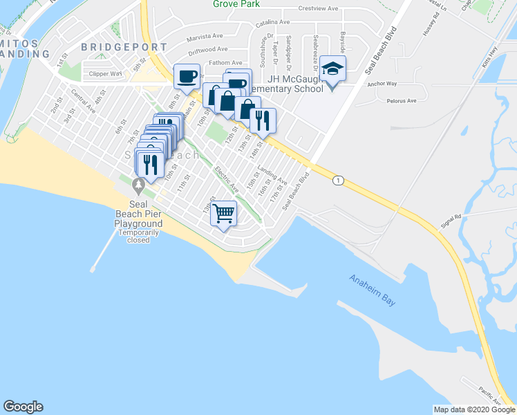 map of restaurants, bars, coffee shops, grocery stores, and more near 1521 Marine Avenue in Seal Beach
