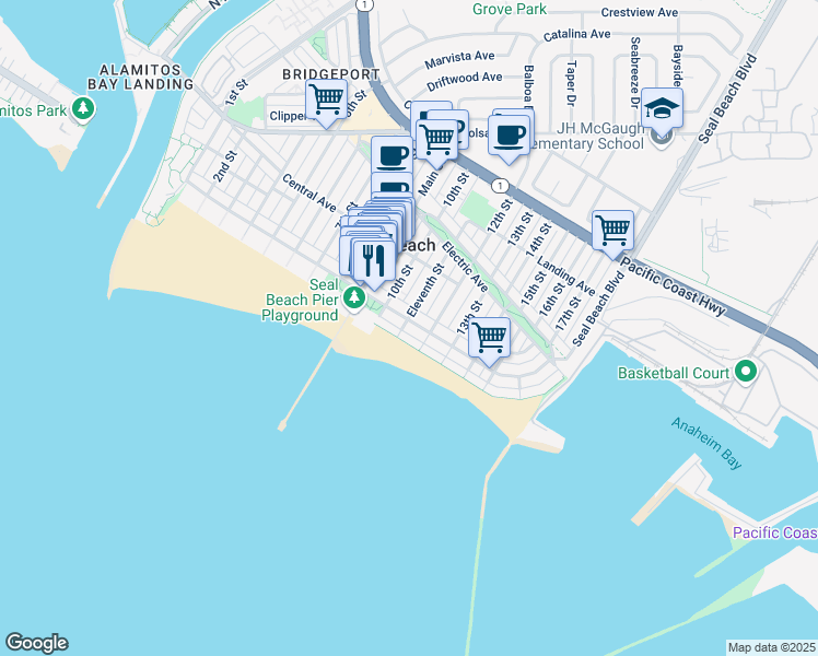 map of restaurants, bars, coffee shops, grocery stores, and more near 1113 East Seal Way in Seal Beach