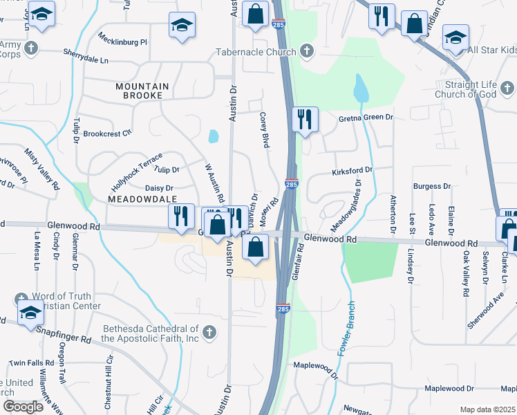 map of restaurants, bars, coffee shops, grocery stores, and more near 1788 Danrich Drive in Decatur