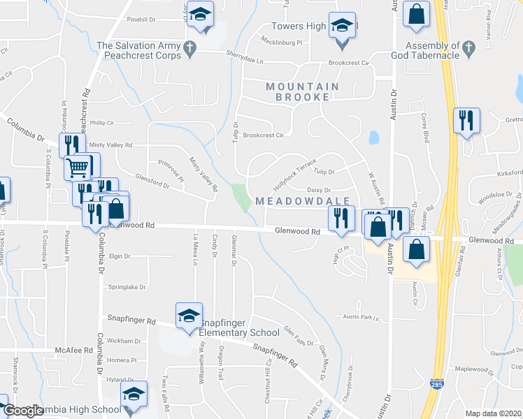 map of restaurants, bars, coffee shops, grocery stores, and more near 4316 Glenwood Parkway in Decatur