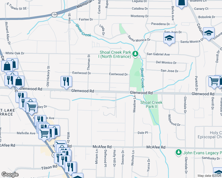 map of restaurants, bars, coffee shops, grocery stores, and more near 3516 Glenwood Road in Decatur