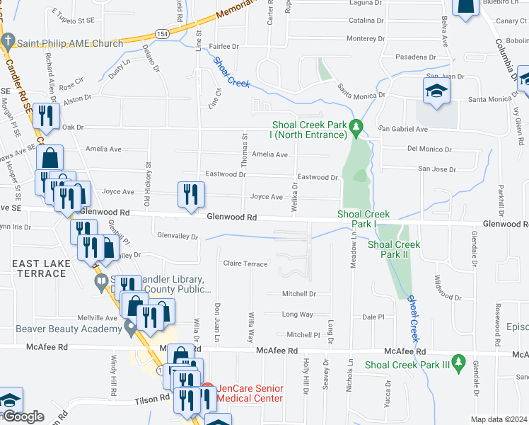 map of restaurants, bars, coffee shops, grocery stores, and more near 3470 Glenwood Road in Decatur
