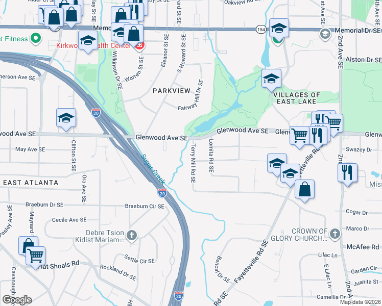 map of restaurants, bars, coffee shops, grocery stores, and more near 1611 Terry Mill Road Southeast in Atlanta