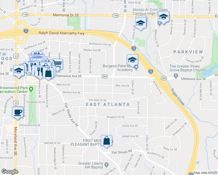 map of restaurants, bars, coffee shops, grocery stores, and more near 1587 May Avenue Southeast in Atlanta