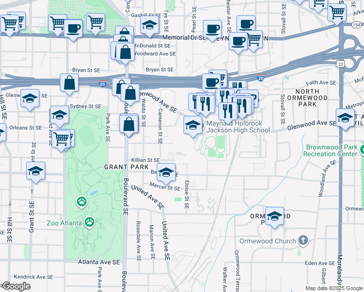 map of restaurants, bars, coffee shops, grocery stores, and more near 575 Eloise Street Southeast in Atlanta