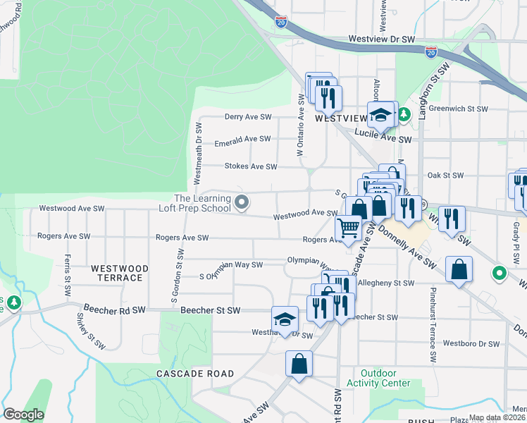 map of restaurants, bars, coffee shops, grocery stores, and more near 1670 Westwood Avenue Southwest in Atlanta