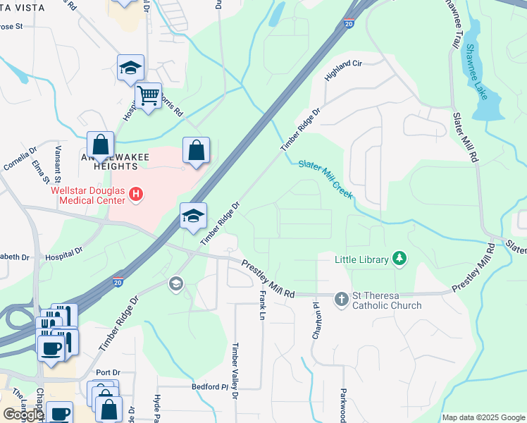 map of restaurants, bars, coffee shops, grocery stores, and more near 2464 Cotton Lane in Douglasville