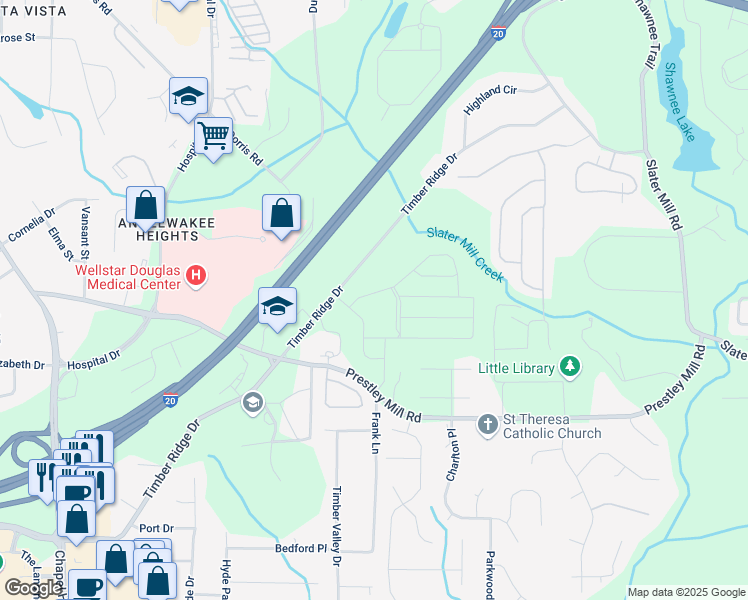 map of restaurants, bars, coffee shops, grocery stores, and more near 2462 Cotton Lane in Douglasville