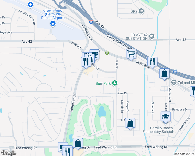 map of restaurants, bars, coffee shops, grocery stores, and more near Anacapa Drive in Indio