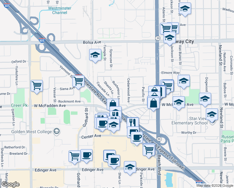 map of restaurants, bars, coffee shops, grocery stores, and more near 15391 Rushmoor Lane in Huntington Beach