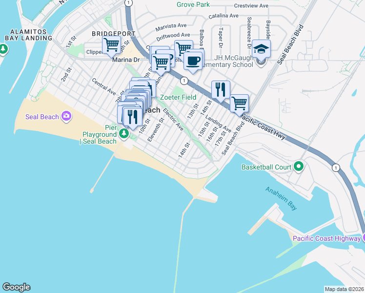 map of restaurants, bars, coffee shops, grocery stores, and more near 129 14th Street in Seal Beach