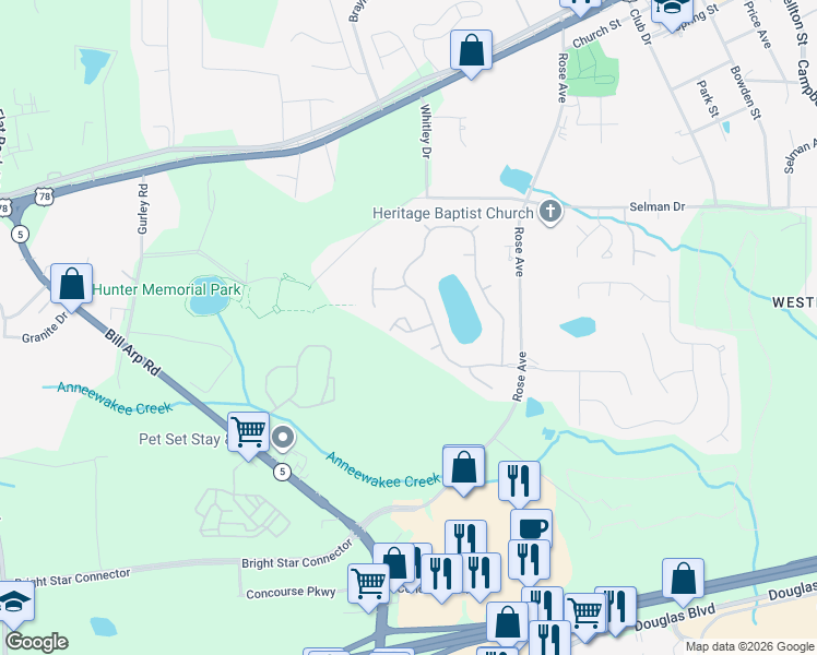 map of restaurants, bars, coffee shops, grocery stores, and more near 8910 Brandy Rose in Douglasville