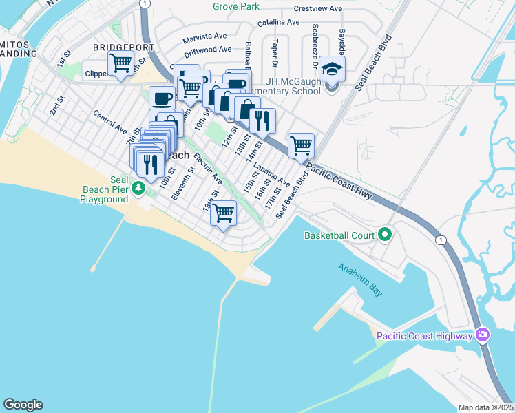 map of restaurants, bars, coffee shops, grocery stores, and more near 1605 Electric Avenue in Seal Beach