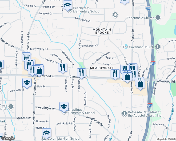 map of restaurants, bars, coffee shops, grocery stores, and more near 4280 Glenwood Road in Decatur