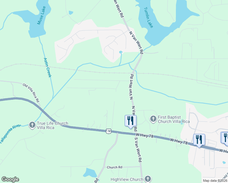 map of restaurants, bars, coffee shops, grocery stores, and more near 34 West Villa Road in Villa Rica