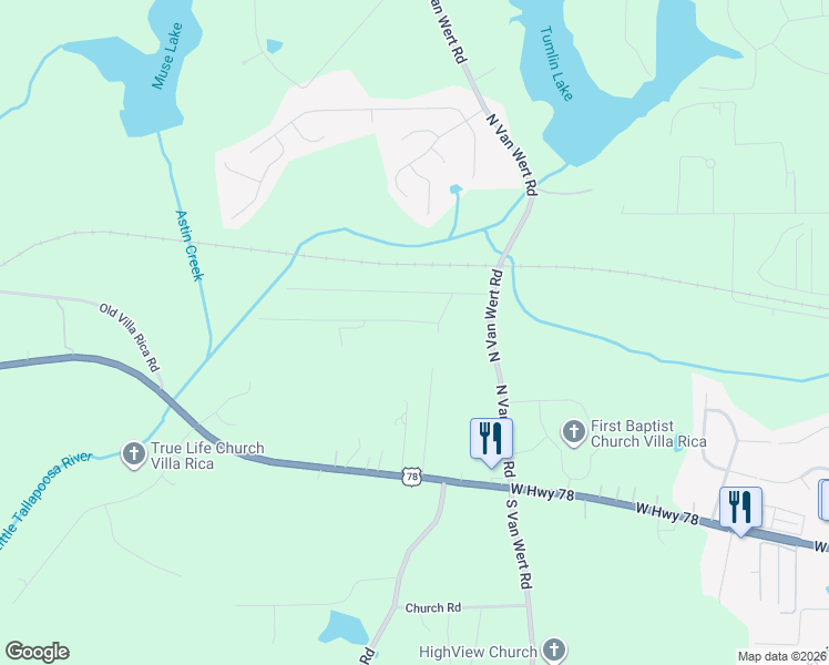 map of restaurants, bars, coffee shops, grocery stores, and more near 34 West Villa Road in Villa Rica