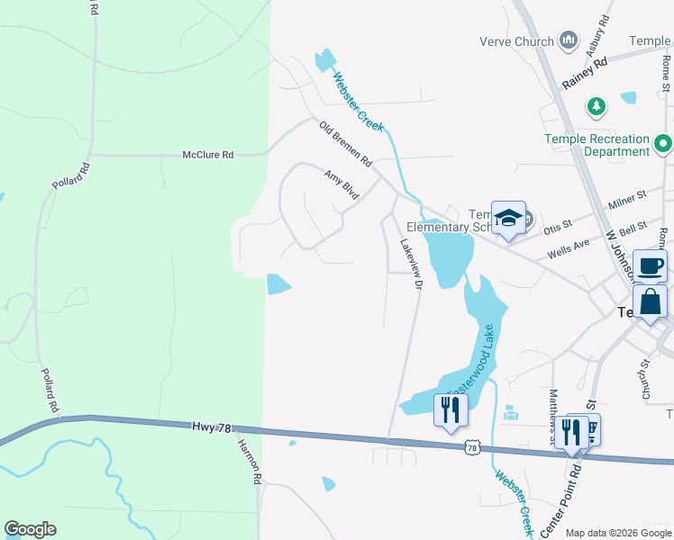 map of restaurants, bars, coffee shops, grocery stores, and more near 425 Hannah Drive in Temple