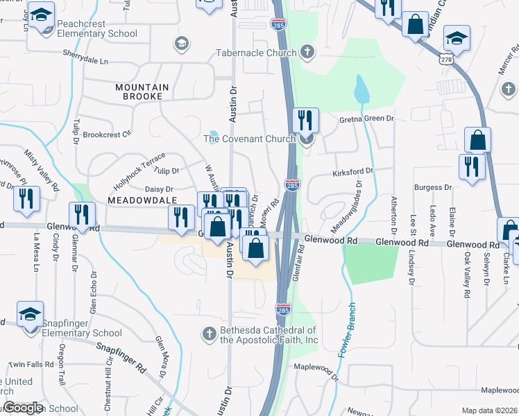 map of restaurants, bars, coffee shops, grocery stores, and more near 1812 Danrich Drive in Decatur