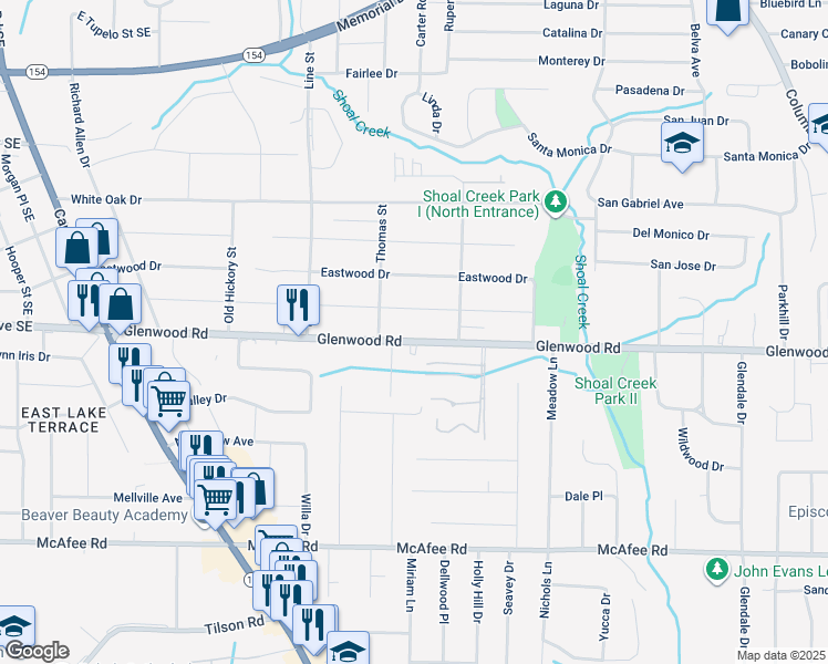 map of restaurants, bars, coffee shops, grocery stores, and more near 3470 Glenwood Road in Decatur