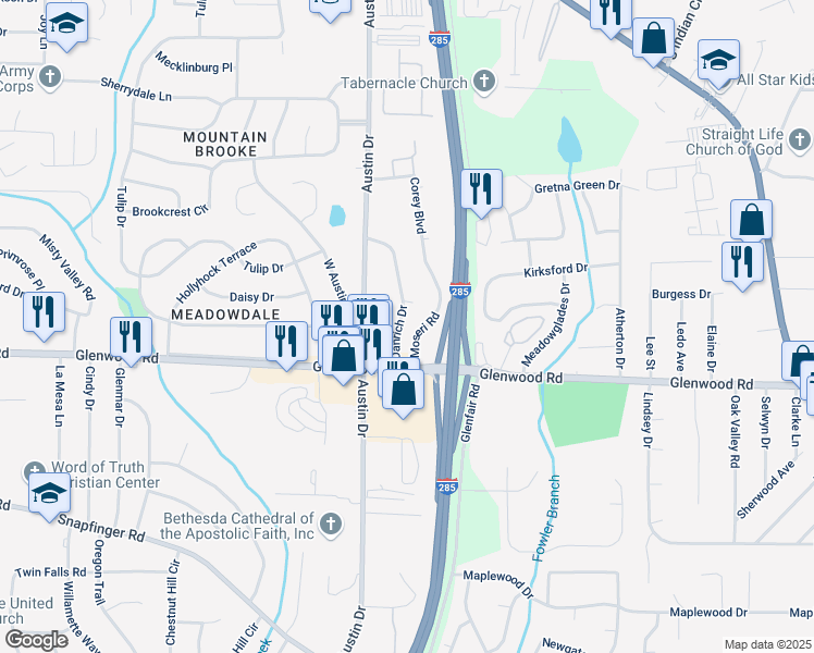 map of restaurants, bars, coffee shops, grocery stores, and more near 1788 Danrich Drive in Decatur