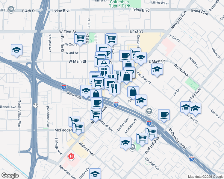 map of restaurants, bars, coffee shops, grocery stores, and more near in Tustin